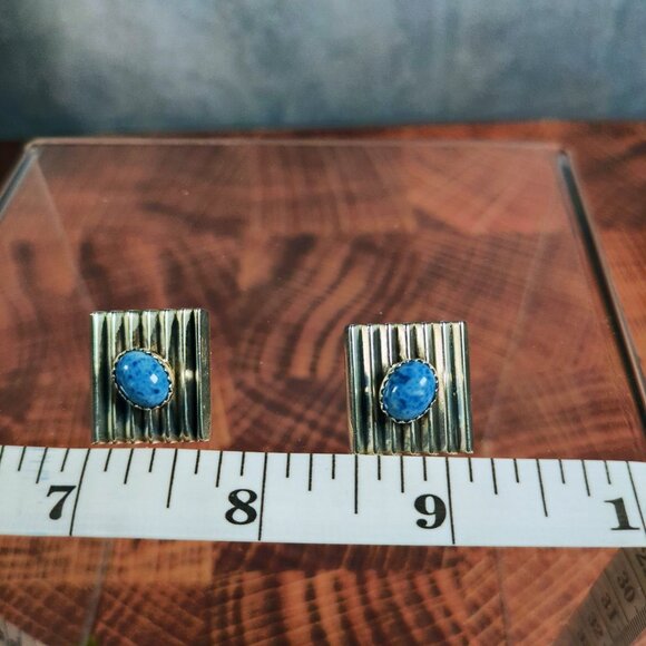 Native American Sterling Silver Denim Lapis Earrings With Ribbed Design - Picture 6 of 11